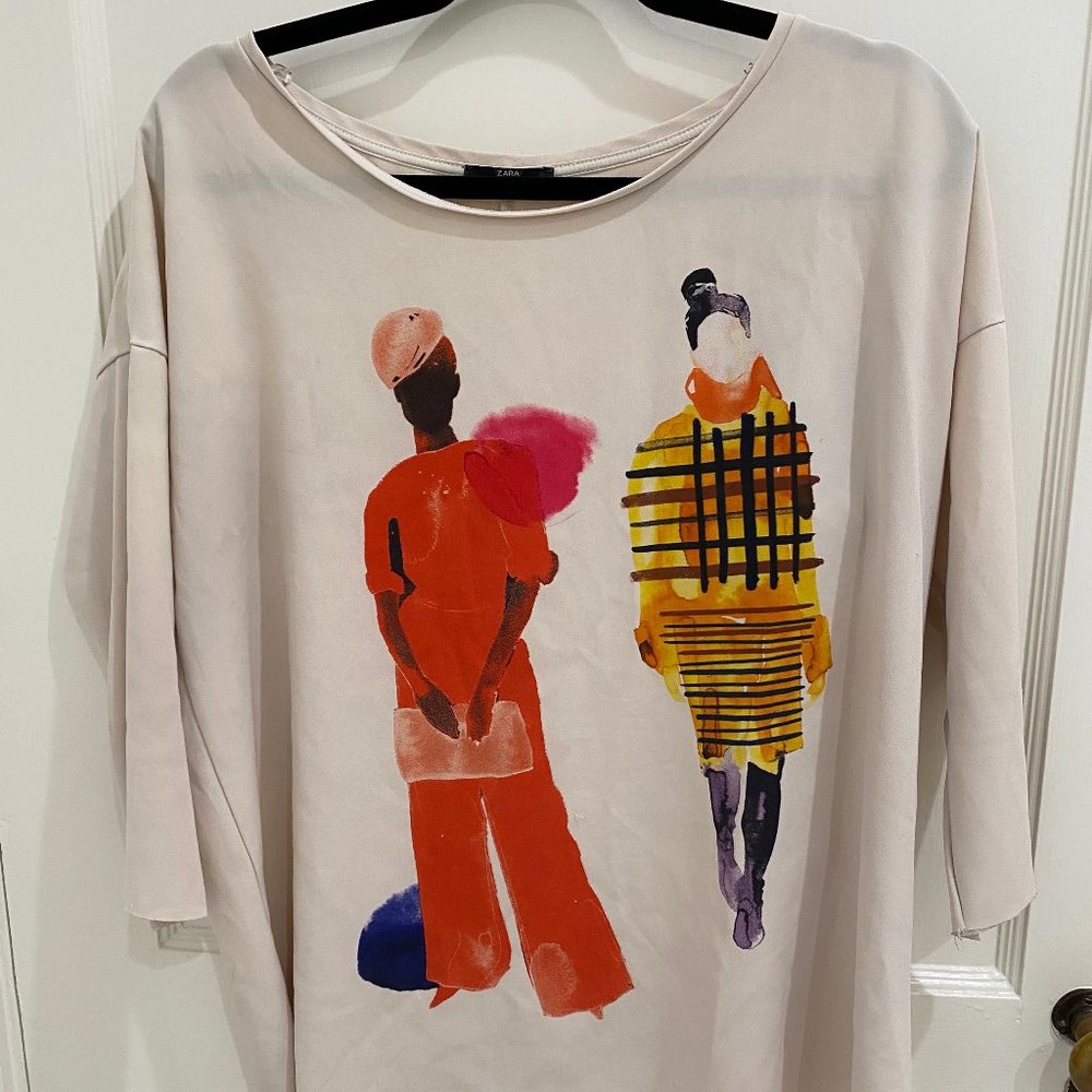 3/4 sleeve watercolor graphic print Zara blouse, Size M, GUC